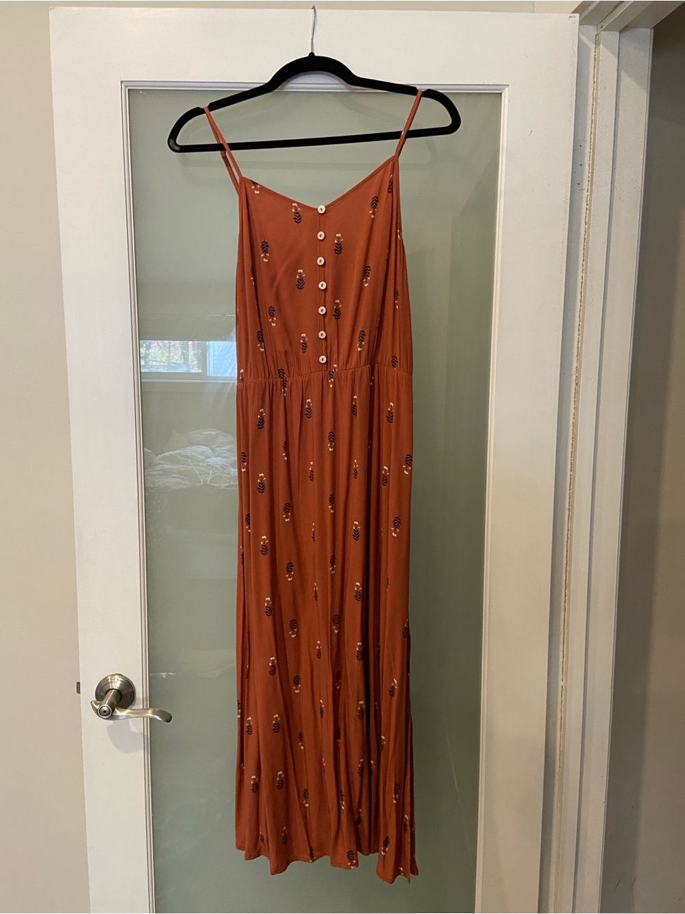 Signature Rust Spaghetti-Strap Midi Dress with Button Front